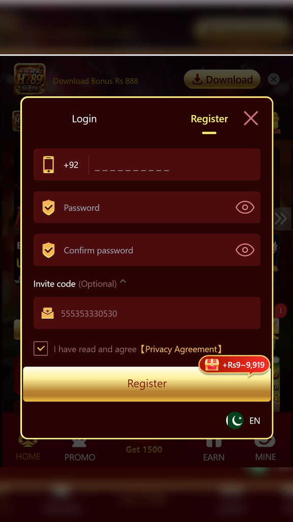 H789 Game APK registration screen