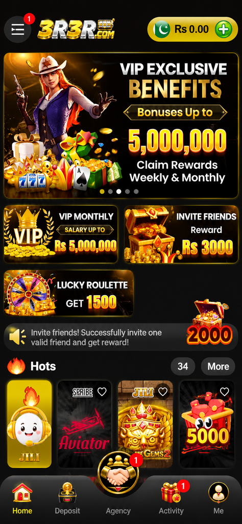 3R3R Game APK mobile home screen with VIP rewards and gaming options