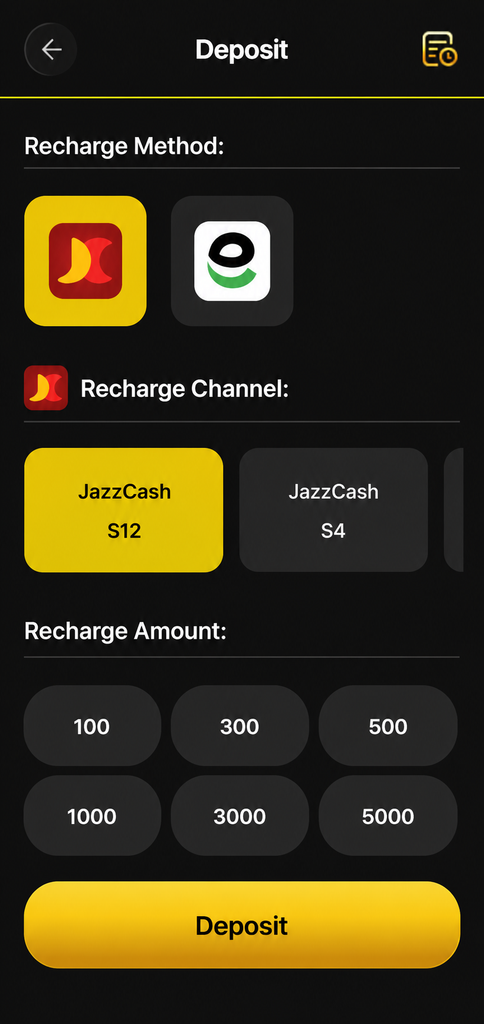 3R3R Game deposit page showing JazzCash recharge methods and amounts