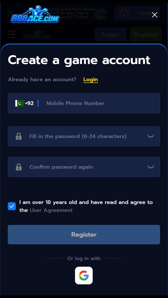 888ACE APK registration and account creation screen
