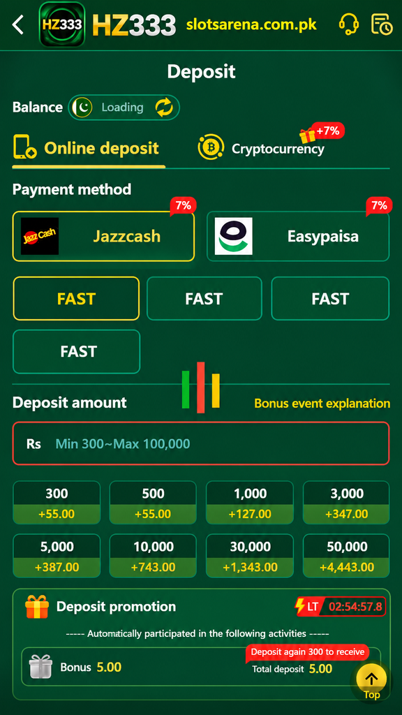 HZ333 Game APK deposit and payment methods screen