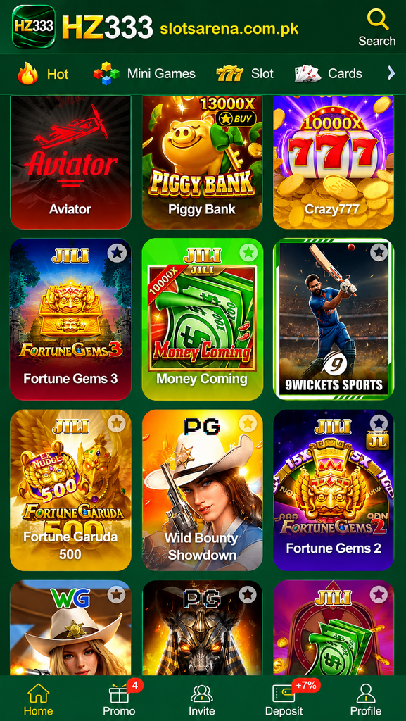 HZ333 Game APK mobile gaming lobby with slots and games