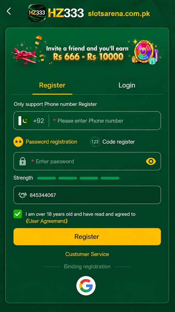 HZ333 Game APK registration and login screen on mobile