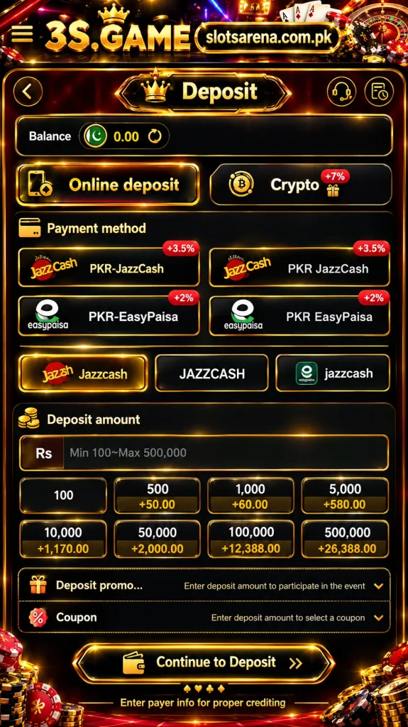 3S Game deposit screen with JazzCash, Easypaisa, crypto payment options, and deposit amount choices.
