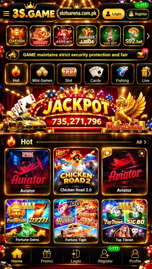 3S Game casino lobby with slots, cards, jackpot, and mobile game categories.