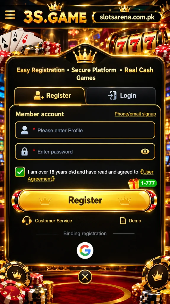 3S Game registration screen with casino-themed design, signup form, login option, and gold gaming graphics.