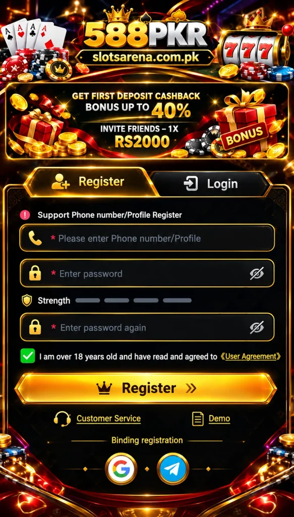 588PKR Game registration page with slotsarena.com.pk branding, casino-themed graphics, cashback promotion, registration form, and login options.