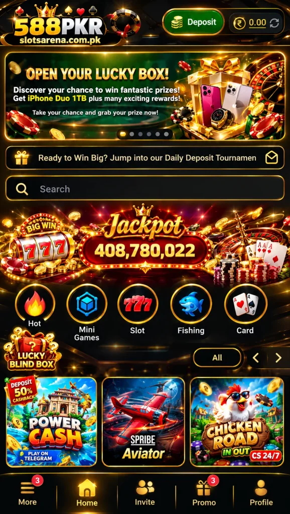 588PKR Game casino lobby with slotsarena.com.pk branding, deposit button, jackpot banner, game categories, and featured casino games.