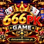 666PK Game casino logo with cards, crown, chips, and slotsarena.com.pk branding.