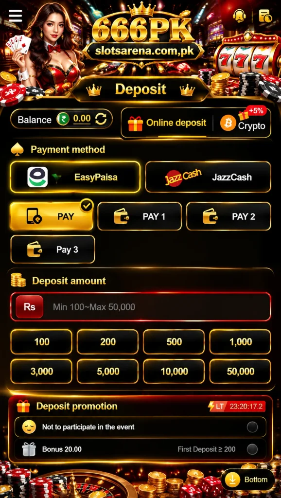 **Alt text:**
666PK Game deposit screen featuring EasyPaisa and JazzCash payment options, deposit amounts, bonus promotion, casino graphics, and slotsarena.com.pk branding.