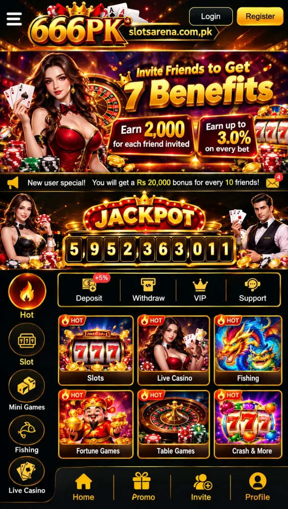 666PK Game casino-style mobile interface featuring jackpot, slots, live casino games, promotions