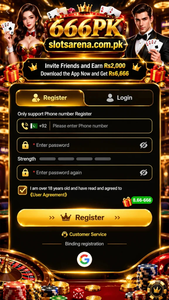 **Alt text:**
666PK Game registration screen with casino-themed graphics, phone and password fields, registration and login options, and slotsarena.com.pk branding.