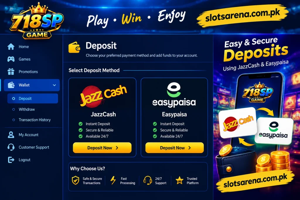 718SP Game deposit page with JazzCash, Easypaisa and slotsarena.com.pk