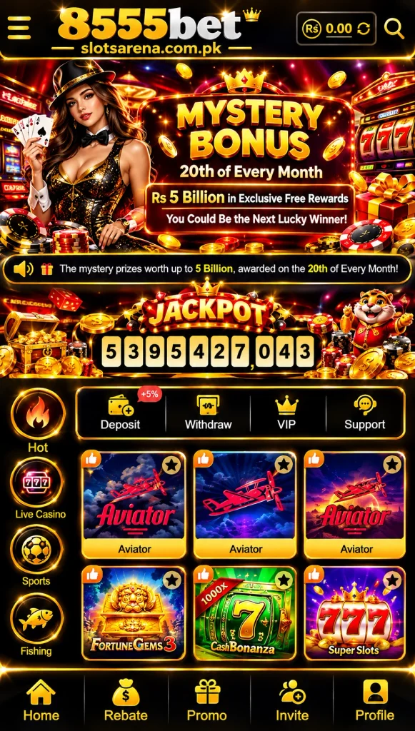 `8555bet Game mobile casino interface with mystery bonus, jackpot, casino games, deposit, withdraw, VIP, support, and slotsarena.com.pk branding`