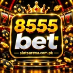 8555bet Game casino logo with golden crown, slot machine background, poker chips, playing cards, and slotsarena.com.pk branding`