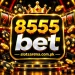8555bet Game casino logo with golden crown, slot machine background, poker chips, playing cards, and slotsarena.com.pk branding`