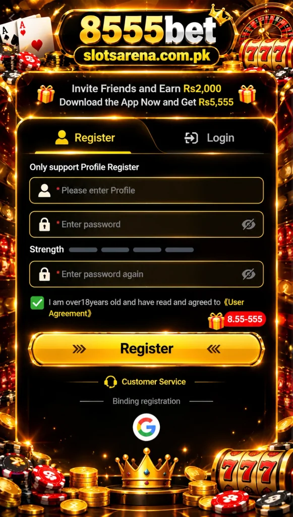 8555bet Game registration screen with casino-themed gold design, Register and Login options, password fields, bonus offers, and slotsarena.com.pk branding