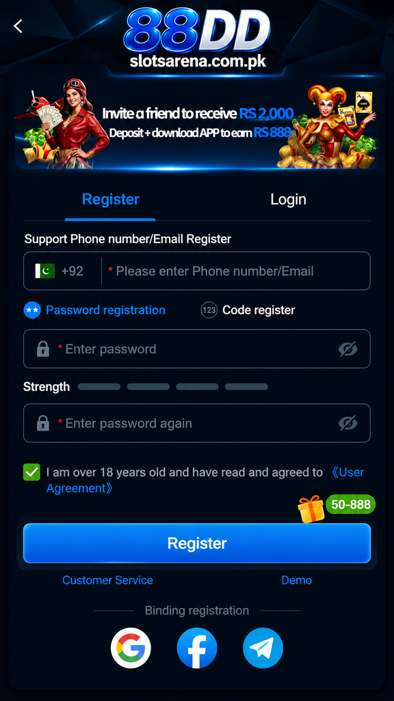 88DD Game registration and login screen