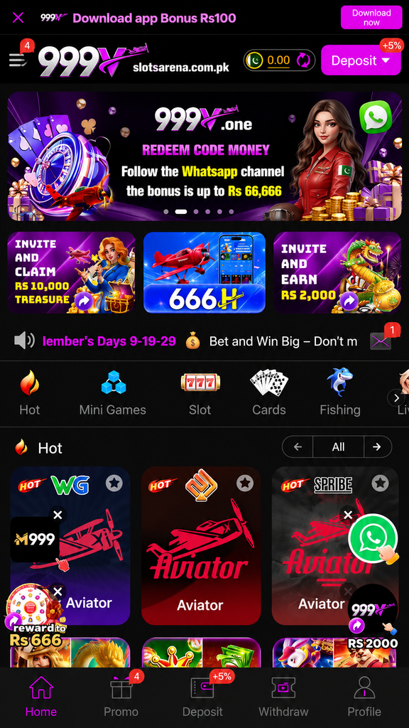 999V Game mobile app homepage with games, deposit, withdrawal and promotional features