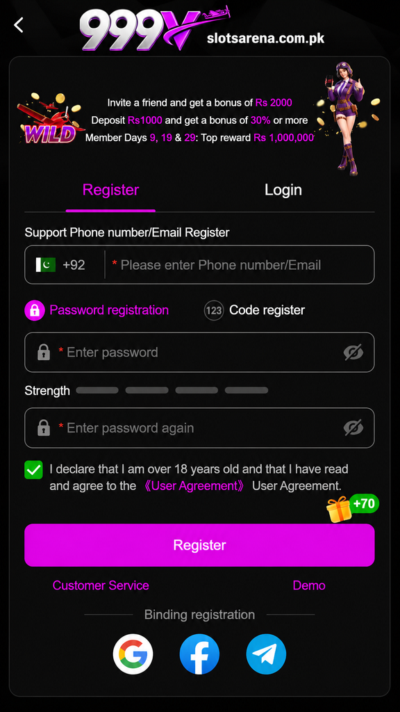 **Alt text:**
`999V Game registration screen with mobile number, password fields, login and sign-up options`
