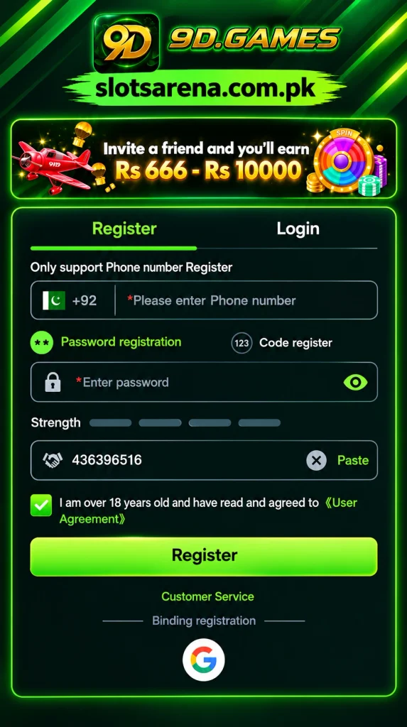 9D Games registration screen with slotsarena.com.pk and mobile signup form

