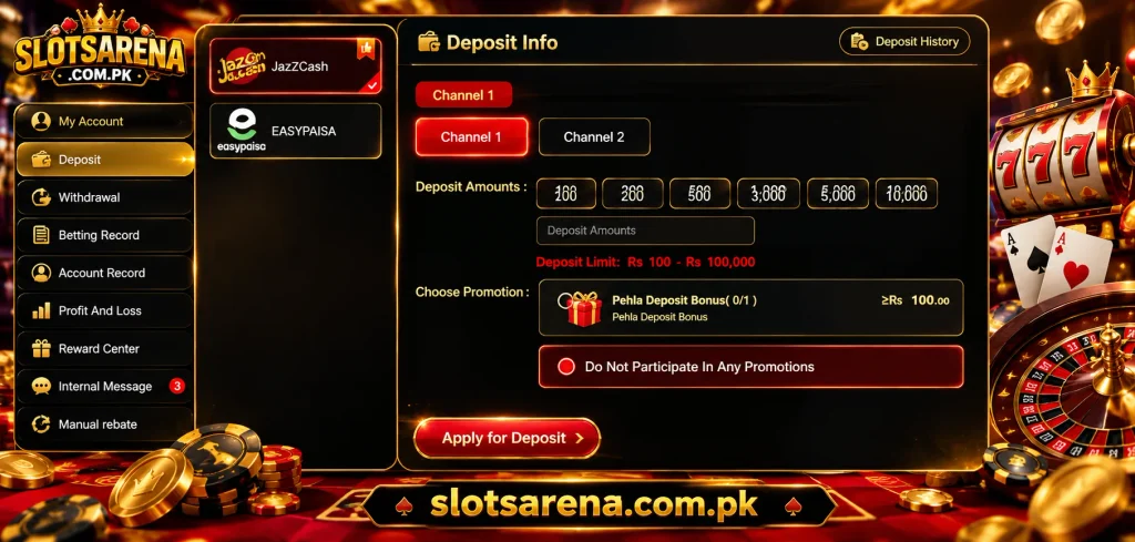 Casino deposit page with gold theme, payment options, and slotsarena.com.pk branding.
