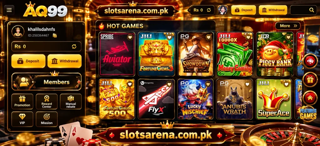 AQ99 Game casino lobby showing hot games, deposit and withdrawal buttons, with slotsarena.com.pk branding.