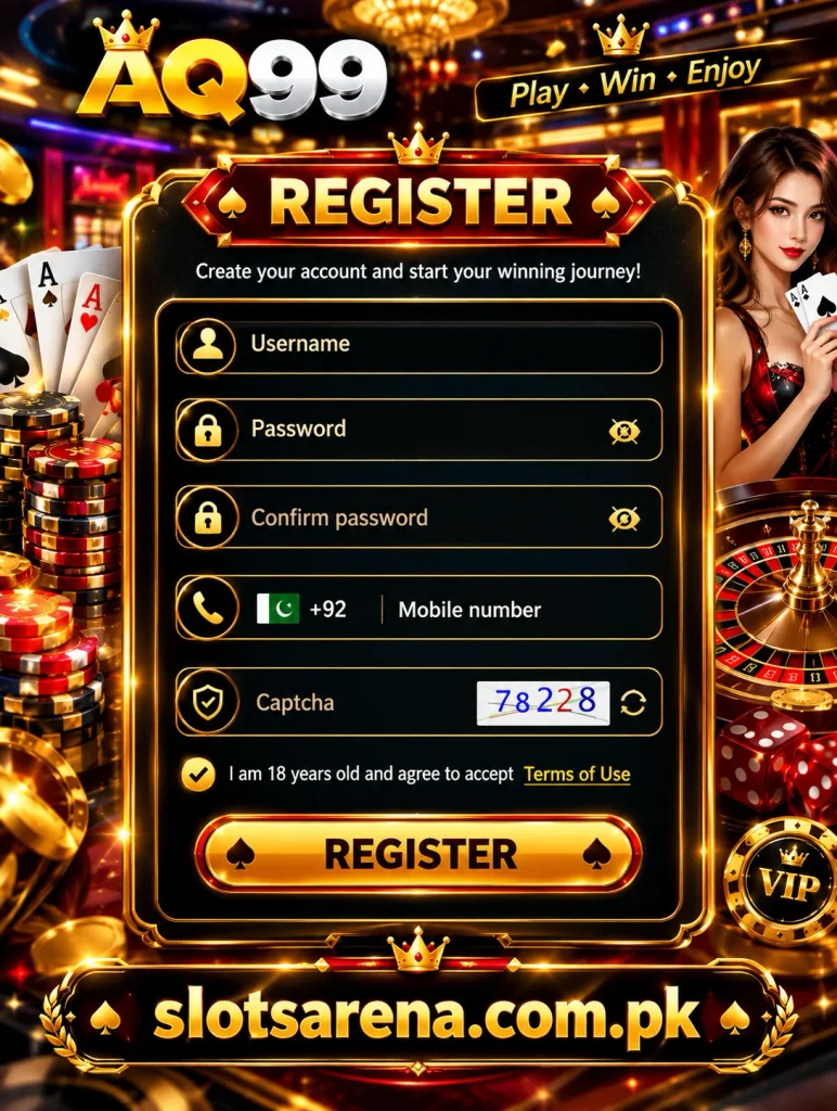 AQ99 Game registration screen with username, password, mobile number, captcha, terms agreement, register button, and slotsarena.com.pk casino branding.