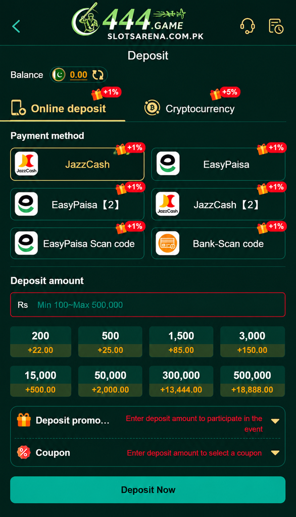 C444 Game deposit page showing JazzCash, Easypaisa, payment methods and deposit options