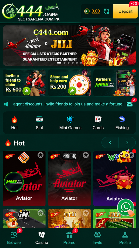 C444 Game app interface showing Aviator games, JILI and Slots Arena branding