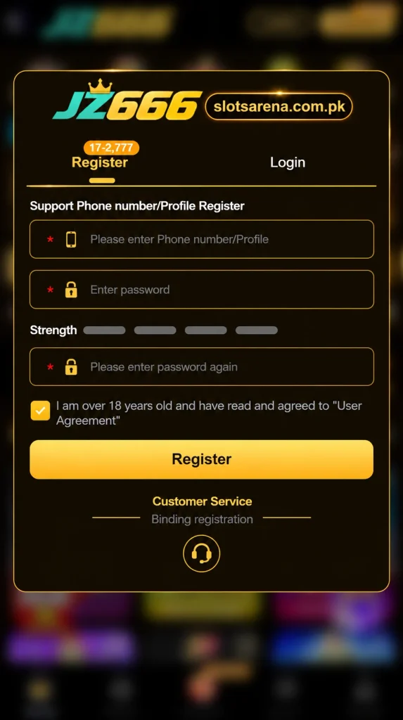 JZ666 Game Registration Screen.