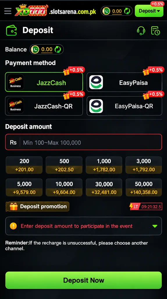 XD777 slotsarena.com.pk deposit page with JazzCash and EasyPaisa options.