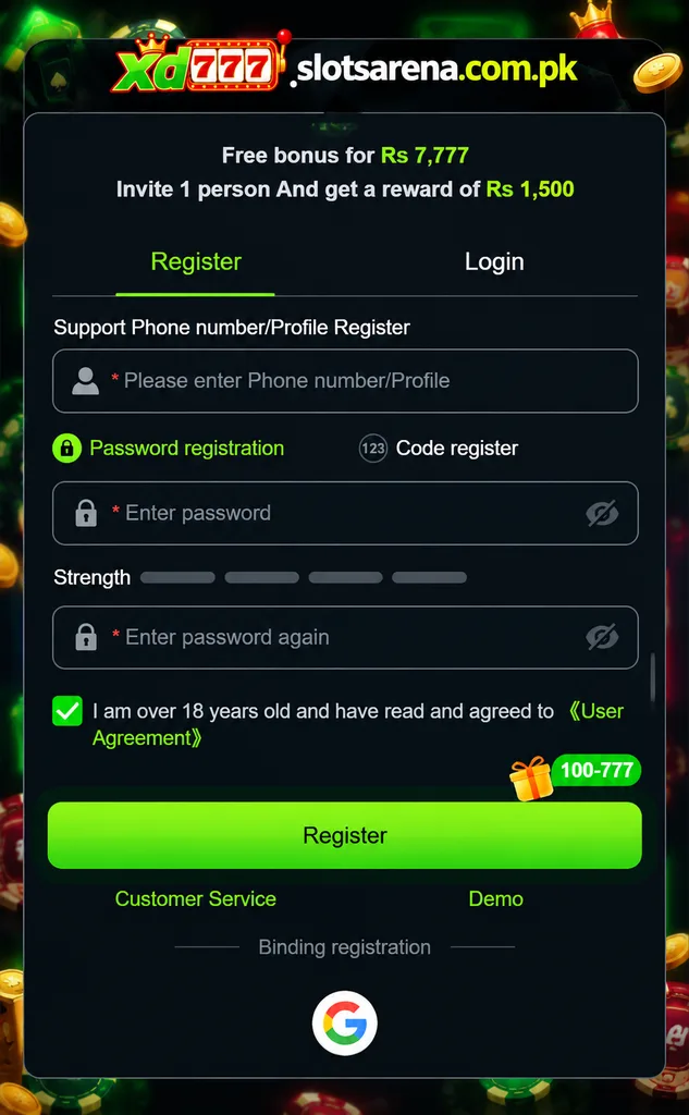 XD777 slotsarena.com.pk registration page with bonus offer and signup form.