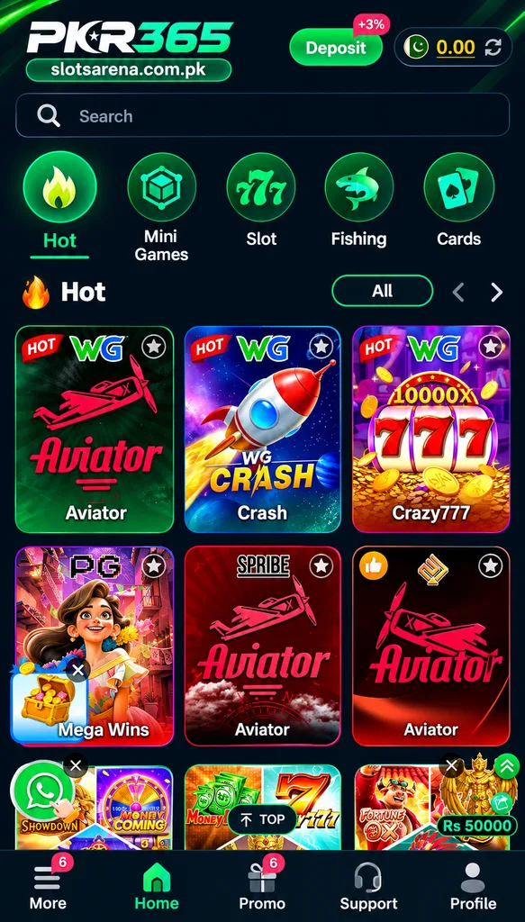PKR365 Game Pakistan app interface with Aviator and slot games