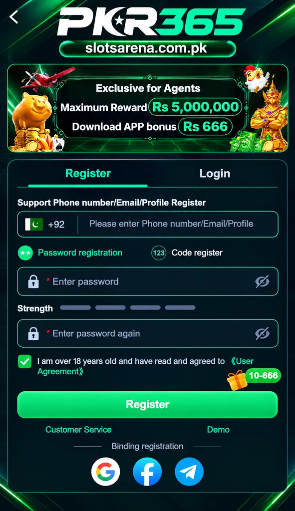 PKR365 Game register page with slotsarena.com.pk and bonus offer display
