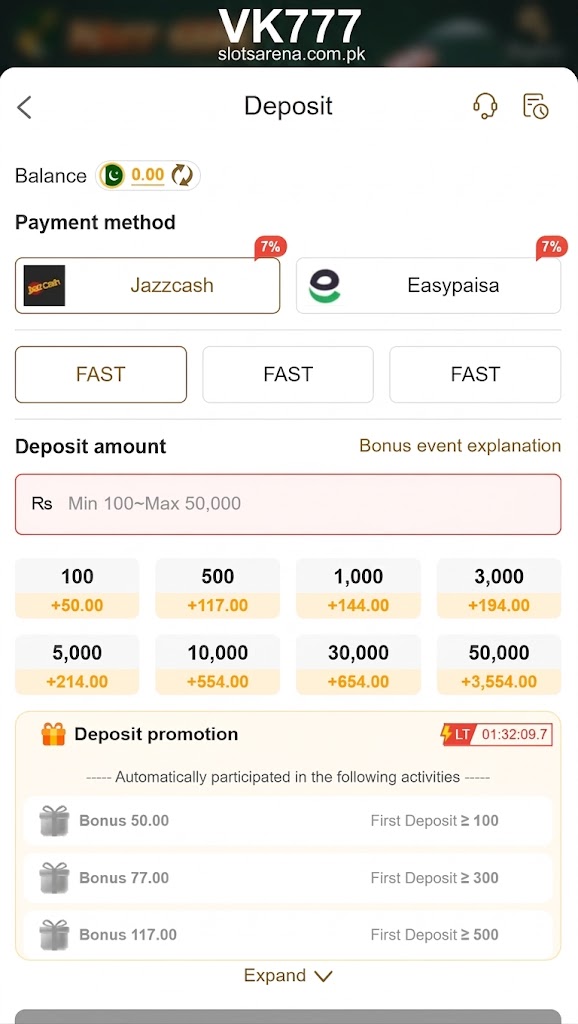 VK777 Deposit screen displaying slotsarena.com.pk branding, payment options like Jazzcash and Easypaisa, deposit amount tiers, and promotional bonuses.