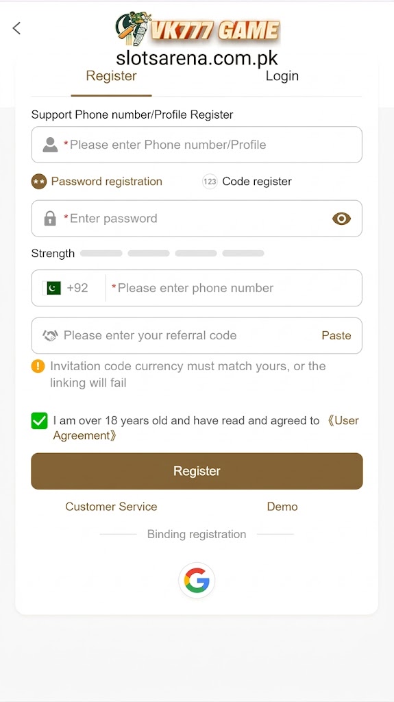 Alt Text Options

Short & Punchy (Standard Web Alt Text):

VK777 Game registration page featuring slotsarena.com.pk branding, sign-up form fields, and a phone number login option.