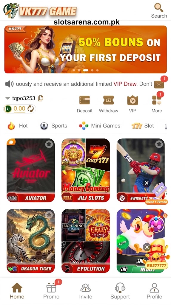 VK777 Game app interface featuring slotsarena.com.pk branding, first deposit bonus banner, and popular slot games.