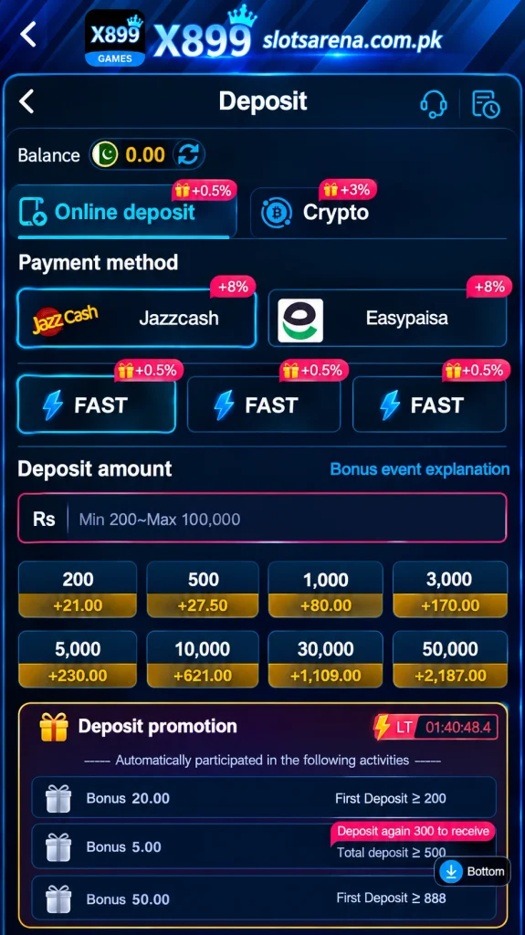 X988 Game deposit screen showing JazzCash, Easypaisa, deposit amounts, and bonuses.