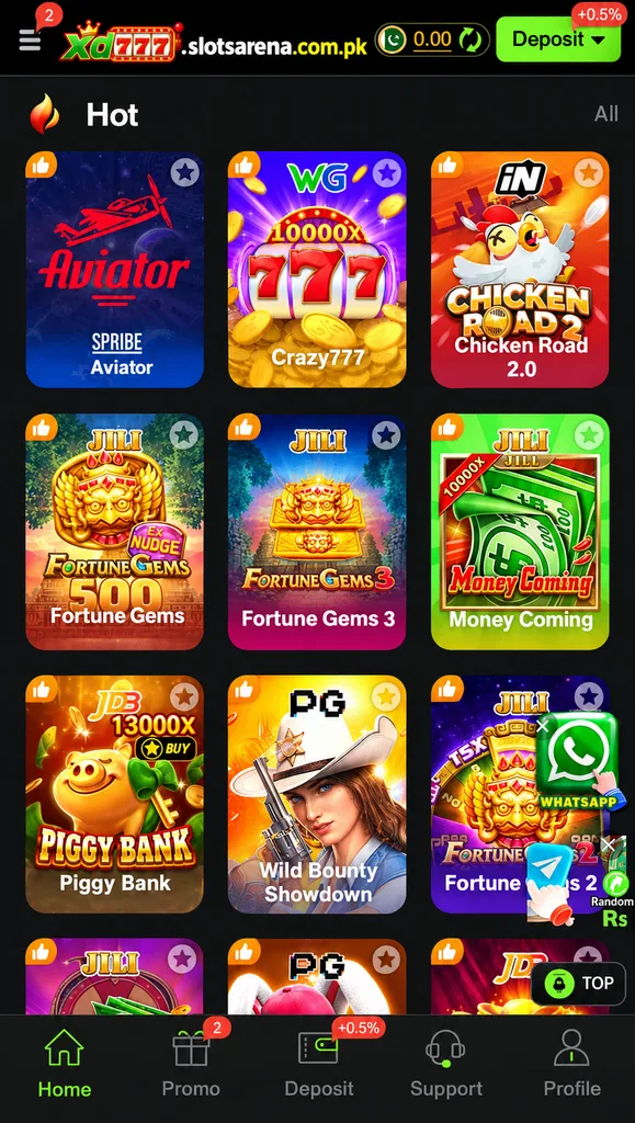 XD777 casino app slots dashboard with popular games.
