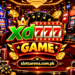 XD777 slotsarena.com.pk casino game logo with 777 slot, coins and playing cards.