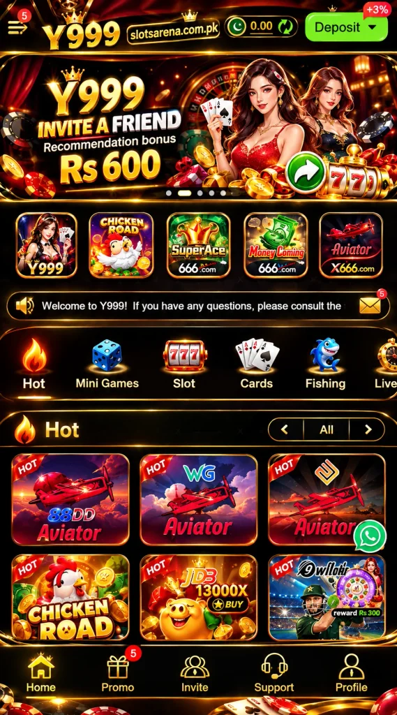 Y999 Game casino-style mobile lobby with slots, cards, Aviator games, and casino features.
