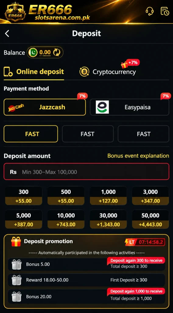ER666 deposit page with JazzCash, Easypaisa and slotsarena.com.pk