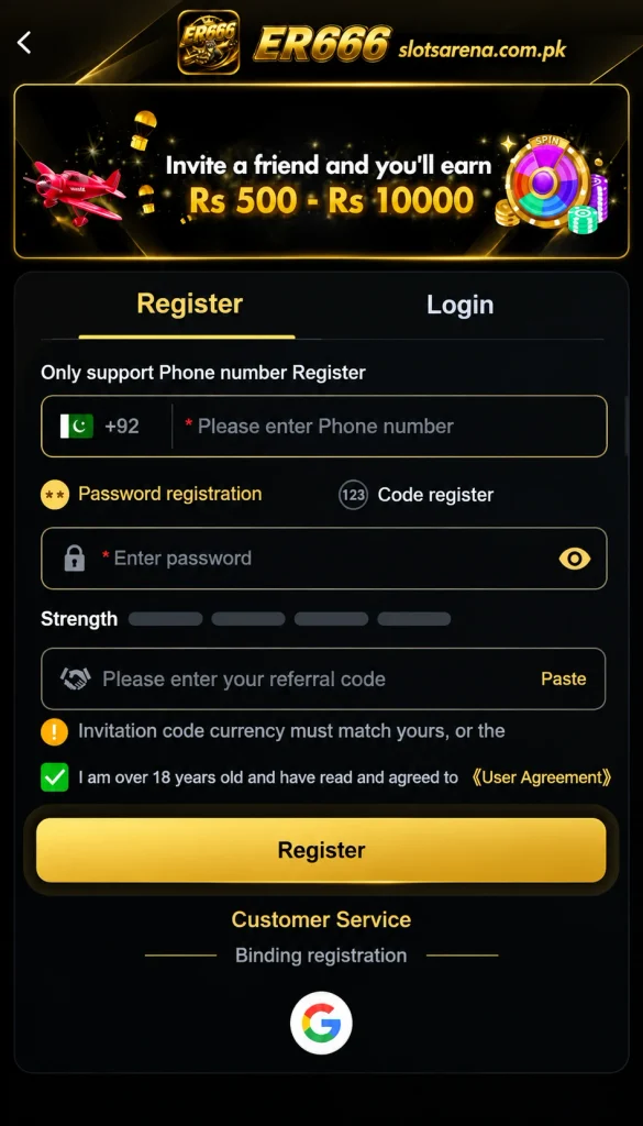 ER666 Game registration page with slotsarena.com.pk