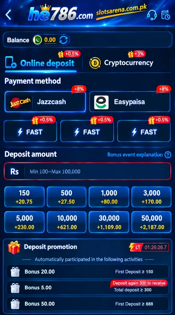 HE786 Game deposit page showing JazzCash, Easypaisa, FAST payment methods and deposit amount options