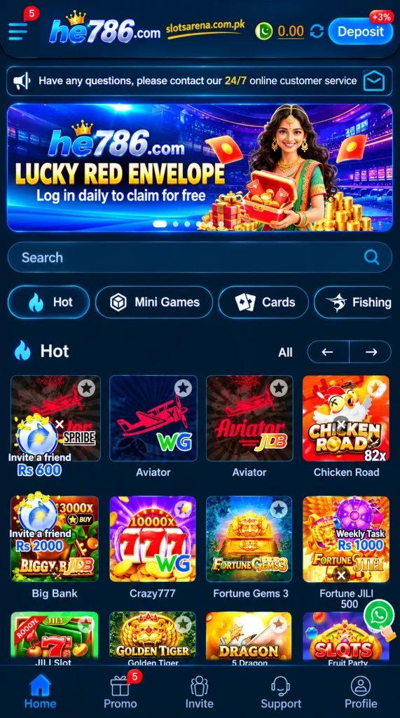 HE786 Game mobile interface featuring the Lucky Red Envelope banner, hot games, and slotsarena.com.pk branding