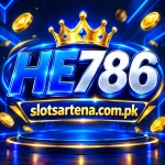 HE786 logo with a gold crown, blue gaming-themed background, and slotsartena.com.pk branding
