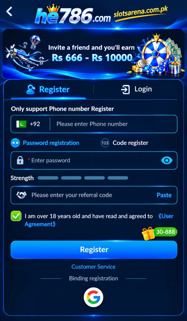 HE786 Game registration screen showing phone number, password, referral code, and Register button