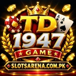 TD1947 Game logo with crown, casino chips, playing cards and slotsarena.com.pk