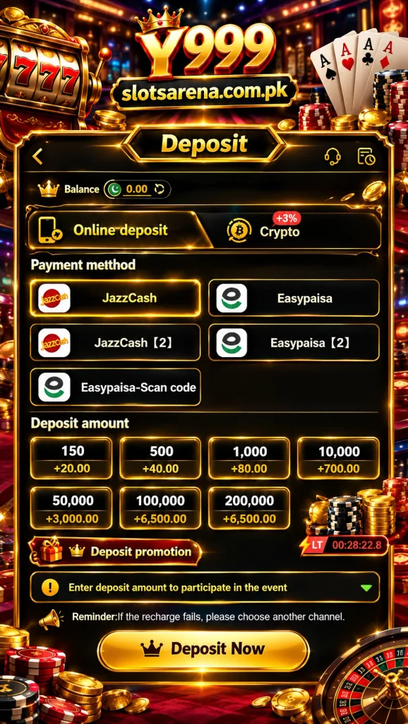 Y999 deposit screen with gold neon interface.